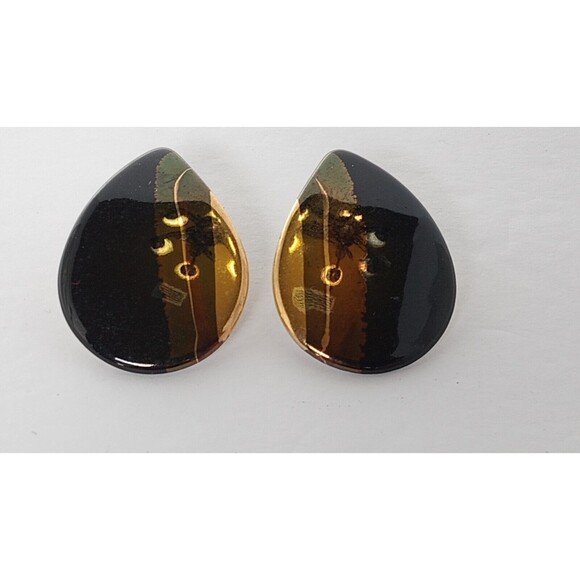 Southwest Bohemian Black & Gold Ceramic Teardrop Earrings Post 2 3/4 inch - Picture 2 of 9